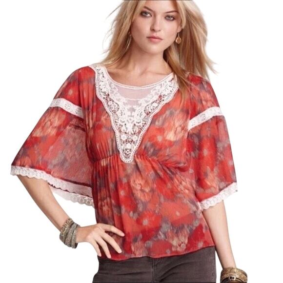 Boho Y2K Lacy Sheer Free People Red Flowy Blouse with Cream Lace Details | M - Picture 1 of 6